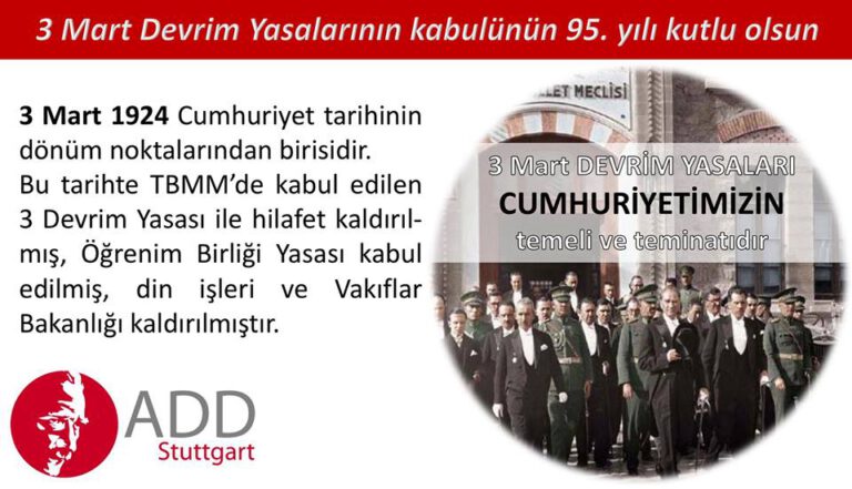 3 Mart Devrim Yasaları kabulünün 95.yılı kutlu olsun